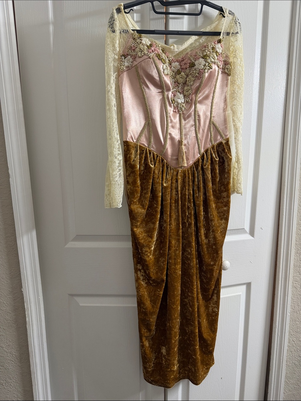 Embroidered Pink Satin & Brown Velvet Slip Dress with Lace Accents - Picture 3 of 8